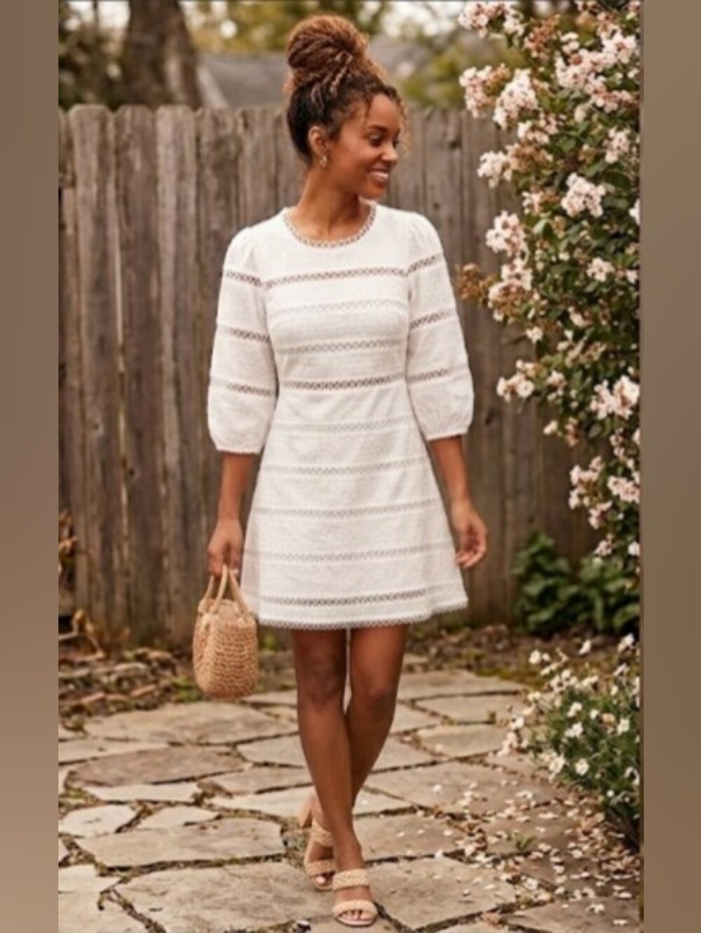 Lulu's White Eyelet Lace Mini Dress with Puff Sleeves Women's Size Small
